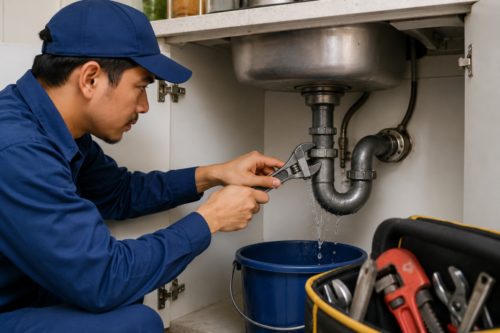 Professional plumber in Puchong fixing bathroom plumbing