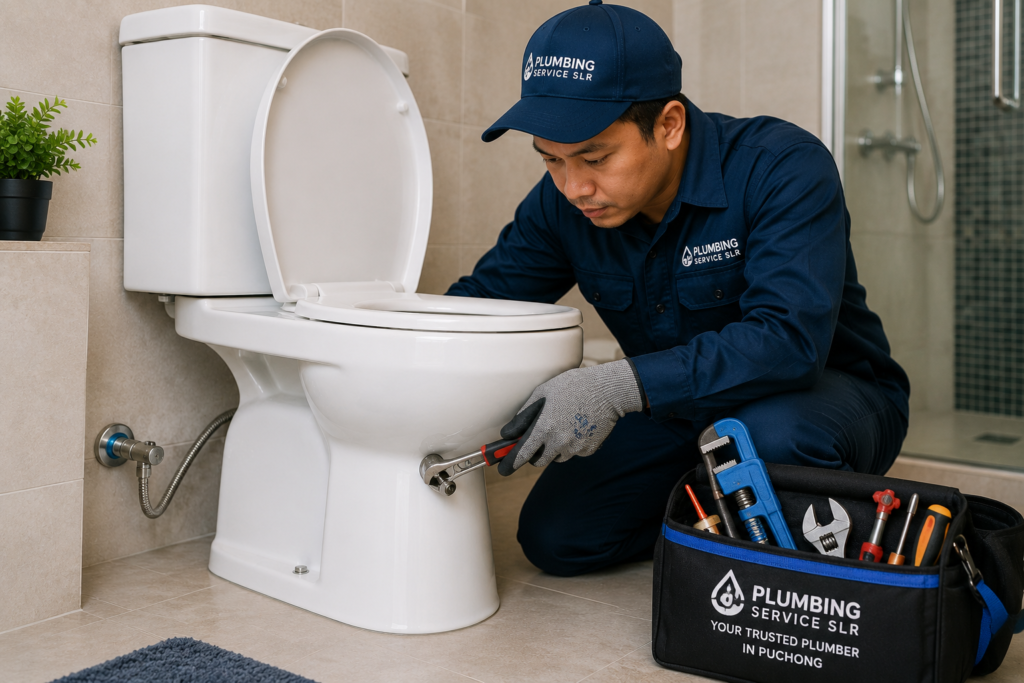Emergency plumber repairing burst pipe in Puchong