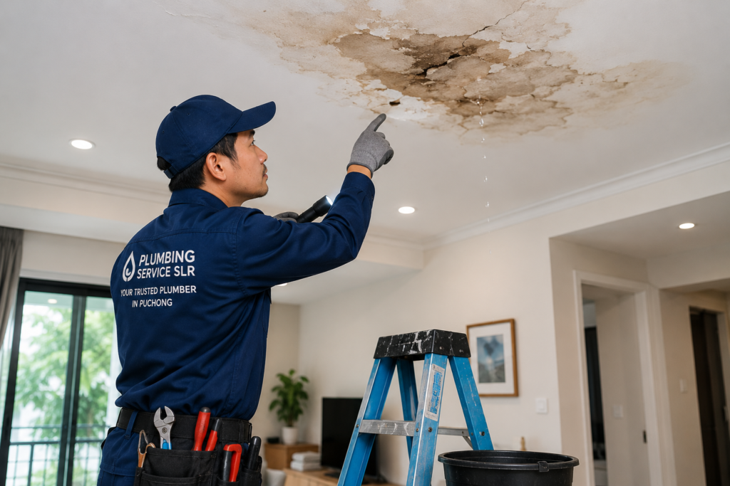 Professional plumber in Puchong inspecting a ceiling water leak inside a modern home