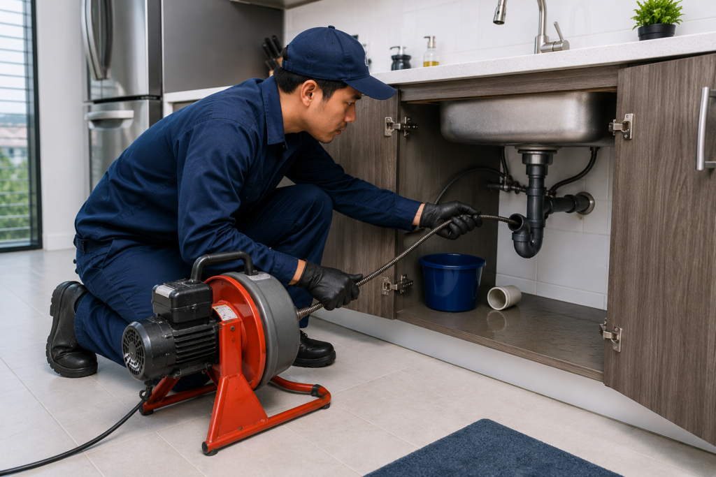 Professional plumber in Puchong repairing kitchen sink plumbing